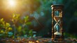 © Anat art - An hourglass sits atop a leaf-covered ground, counting down time as the sand slowly trickles through. Generative AI