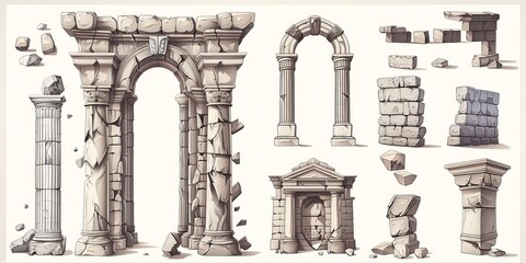 Ancient ruin set. Old Atlantis city temple building pillar and arch. Broken and abandoned antique Greek monument design. Destruction stone column for garden or museum of Rome civilization.