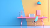 Fototapeta  - A minimal render of a blue and yellow room. There is a pink desk with a laptop, lamp, vase, and picture frame on it. There is a blue chair behind the desk. The floor is white.