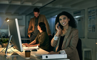 Poster - Business woman, phone call and computer portrait with coworking office and networking with smile. Happy, tech and mobile communication for web consultation at night with company employee and worker