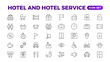 © artnazu - Hotel icons set. Rental property  icons. Set of apartment reservation, hotel booking, five-star hotel, service line vector web icon.Hotel universal set with Building, Parking,  Meal, Air conditioner.