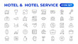 © artnazu - Hotel icons set. Rental property  icons. Set of apartment reservation, hotel booking, five-star hotel, service line vector web icon.Hotel universal set with Building, Parking,  Meal, Air conditioner.