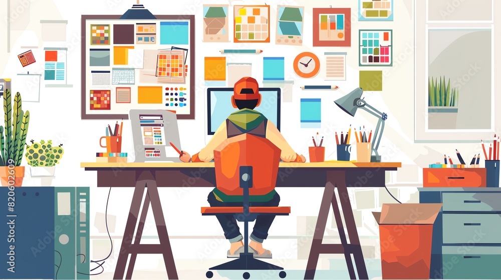 Creative designer at a studio desk flat design side view workspace ...