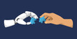 © Derariad - Robot and human hands holding puzzle pieces. Vector illustration of human and robot work together. Concept of teamwork and partnership. Innovation in science, modern technology.