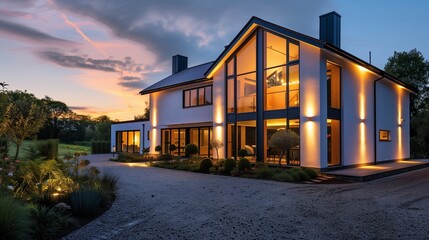 A modern farmhouse with large windows reflecting the twilight sky, its exterior lights casting a warm glow onto the gravel driveway and surrounding gardens.