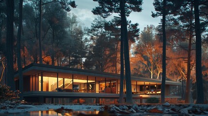 Wall Mural - A modernist masterpiece nestled in a forest clearing, its angular lines softened by the warm hues of twilight filtering through the trees.