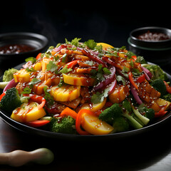 Wall Mural - Stir fried vegetables with sweet and sour sauce on black background