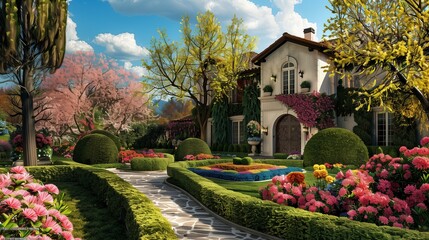 Wall Mural - A picturesque European villa nestled amidst a lush garden landscape, with colorful flowers blooming and manicured hedges lining the pathway to the elegant entrance.