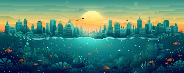 Wall Mural - An underwater civilization thriving beneath the waves, with domed cities and underwater habitats providing refuge for aquatic species amidst the depths of the ocean.   illustration.