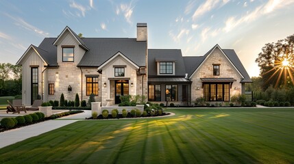 Wall Mural - A sleek and stylish home with a stone facade and a perfectly manicured lawn, the afternoon sun highlighting its elegant features and creating a sense of warmth and comfort.