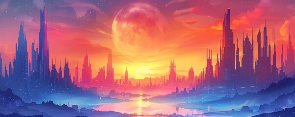 Wall Mural - A futuristic utopia where gleaming towers rise into the sky, their spires reaching towards the heavens in an eternal quest for progress.   illustration.