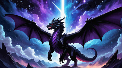 a black dragon with purple wings flying through the night sky