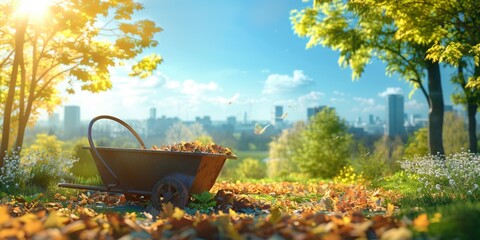 Wall Mural - garden wheelbarrow with leaves or cleaning city park in spring at sunny day illustration