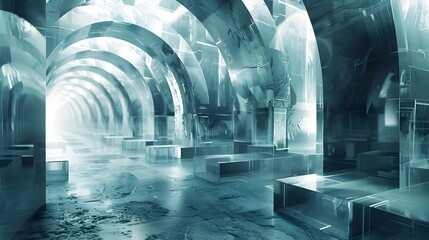 Abstract architecture arch corridor building interior background, 3d render futuristic modern digital art, sleek line geometric stone shape, metallic accents, surreal editorial advertisement landscape