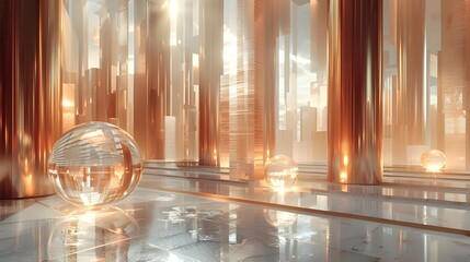 Abstract architecture arch corridor building interior background, 3d render futuristic modern digital art, sleek line geometric stone shape, metallic accents, surreal editorial advertisement landscape