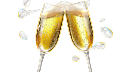 Two champagne glasses clinking together in a celebratory toast, bubbles rising from the effervescent liquid, symbolizing joy, success, and jubilation against a transparent background