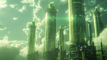 Poster - A futuristic cityscape with tall green buildings and a cloudy sky