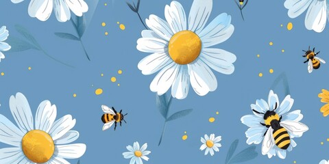 Wall Mural - Seamless pattern with daisy flower and bee cartoons on blue background. illustration