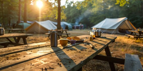 outdoor kitchen equipment and wooden table set with field tents group in camping area at natural par