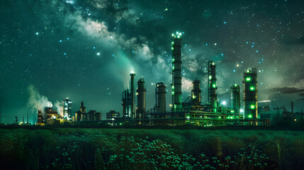 Wall Mural - A large industrial plant with a green glow and a starry sky in the background