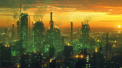 Wall Mural - A city skyline with a large green industrial area