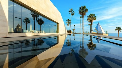 Wall Mural - An architectural marvel of a contemporary villa with a minimalist design, featuring a geometric-shaped pool with clean lines and a glass wall, reflecting the surrounding palm trees and blue sky.