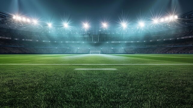 stadium lights, Football stadium arena for match with spotlight. Soccer sport background, green grass field for competition champion match.