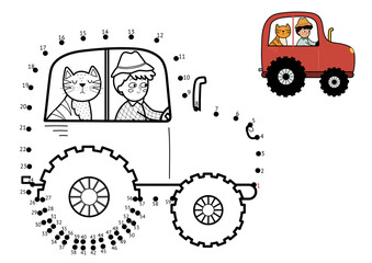 Wall Mural - Dot to dot game for kids. Connect the dots and draw a tractor with cute boy farmer and a cat. Farm puzzle activity page. Vector illustration
