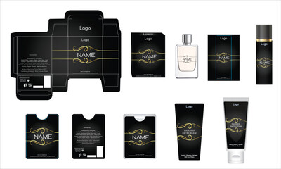 Packaging design, luxury perfume box, pocket perfume, deo design and face cream template and mock up box. Illustration vector.