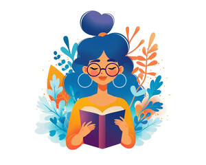 2D flat illustration a girl wear sunglass and reading book. vector illustration  