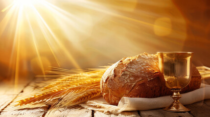 Golden Chalice and Fresh Bread on Wooden Table with Sunlight - Perfect for Religious Celebrations and Communion