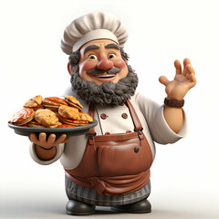 3D illustration of a cartoon character as a chef with a plate of cookies