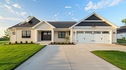 Wall Mural - The facade of a freshly constructed suburban residence, with clean lines and neutral tones creating a timeless aesthetic, and a paved driveway leading up to the garage.