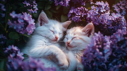 Two white kitten laying on its back in purple flowers, aerial view, drone shot, wide angle, hyper realistic photography in the style. copy space for text.