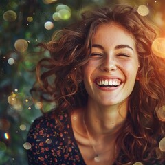 Sticker - portrait of a beautiful young woman with freckles and long brown hair smiling happily