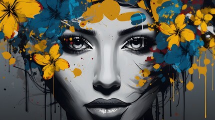 Wall Mural - Contemporary Digital Art Piece of a Woman with Splatter Effects