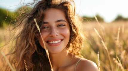 portrait of a smiling young woman with long brown hair standing in a field of wheat