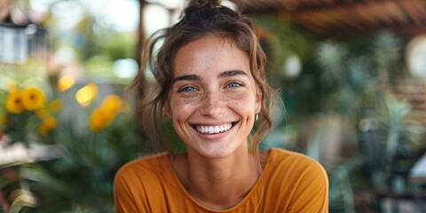 Poster - portrait of a smiling young woman with freckles