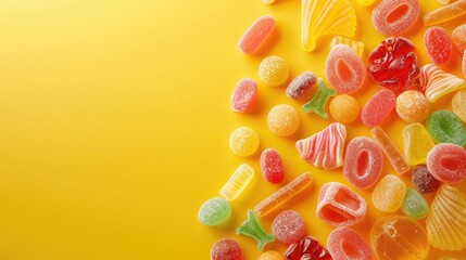Wall Mural - Candy Sweet Jelly Lolly and Delicious Sugar Dessert, beautiful candies  on yellow background with copy space, Many desserts and lollipops are on color background, Food for children
