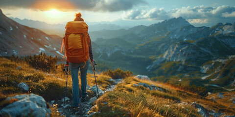 Wall Mural - A young traveler stands atop a mountain peak, soaking in the breathtaking sunrise over the valley