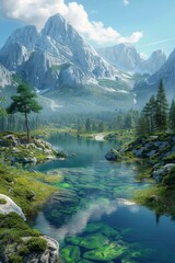 Poster - Picturesque Mountain Lake With Clear Water And Lush Greenery