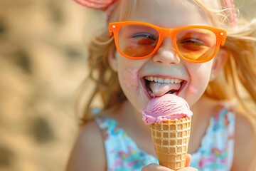 Wall Mural - Close up happy little girl with delicious pink ice cream in waffle cone outdoors. Girl wear orange sunglasses in summer, spring or fall sunny day. Blonde female lick ice cream and laughing