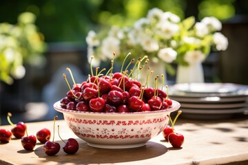 Wall Mural - Fresh red cherries fruit in bowl on table in garden