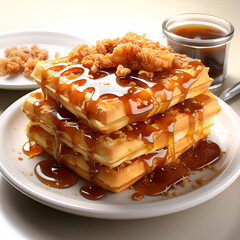 Wall Mural - Belgian waffles with caramel sauce on a plate. 3d illustration