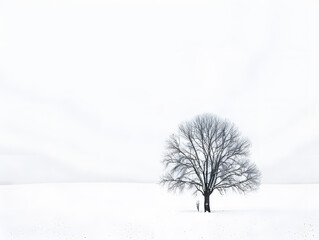 Wall Mural - Minimalist scene of a solitary tree in a snowy field