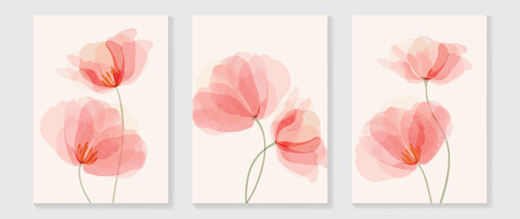 Wall Mural - vintage style floral wall art template. collection of hand drawn flower with pink watercolor texture