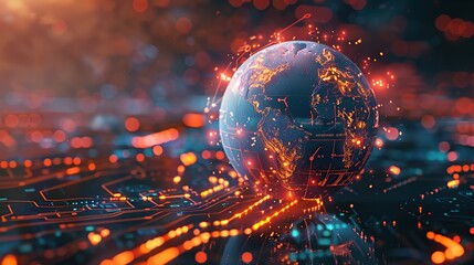 3D rendering Earth with glowing orange data connections, centered on abstract circuit board background.