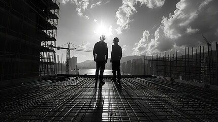 Wall Mural - Construction Workers Overseeing Site at Sunset