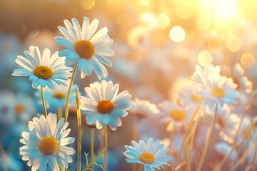 Wall Mural - Beautiful chamomile flowers in meadow. Spring or summer nature scene with blooming daisy in sun flares.