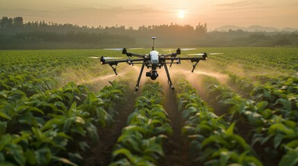 Aerial view of Spraying agricultural chemicals from a drone in the field. Generative AI.